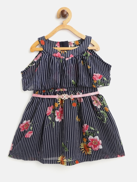 

612 league Girls Blue & White Striped Fit & Flare Dress with Printed Detail