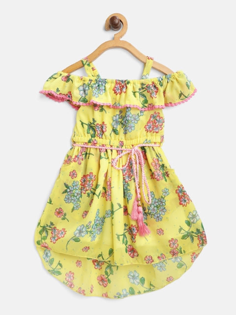 

612 league Girls Yellow & Green Printed Fit & Flare Dress