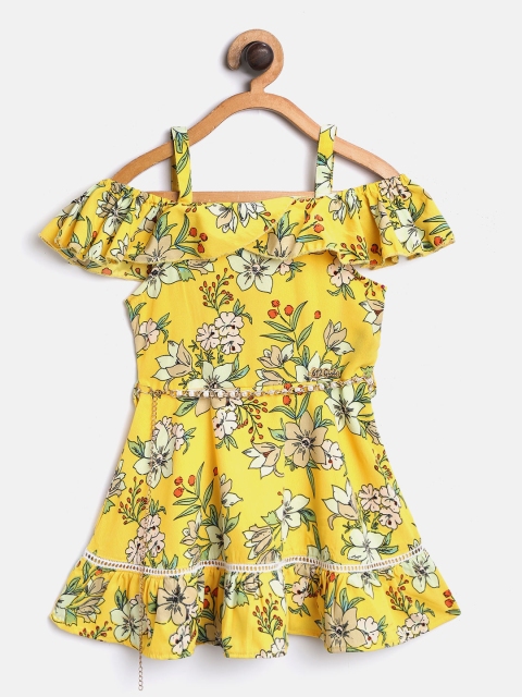 

612 league Girls Yellow & Green Printed Fit & Flare Dress