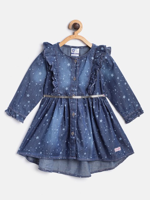 

612 league Girls Navy Blue Printed Fit and Flare Dress