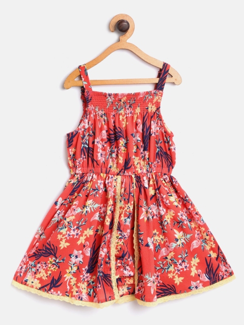 

612 league Girls Coral Orange & Navy Blue Printed Layered Playsuit