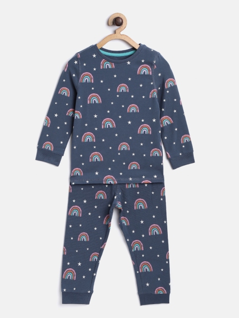 

Marks & Spencer Girls Navy Blue & Off-White Printed Night suit