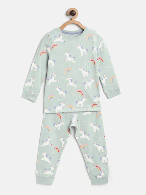 

Marks & Spencer Girls Green & White Printed Night suit