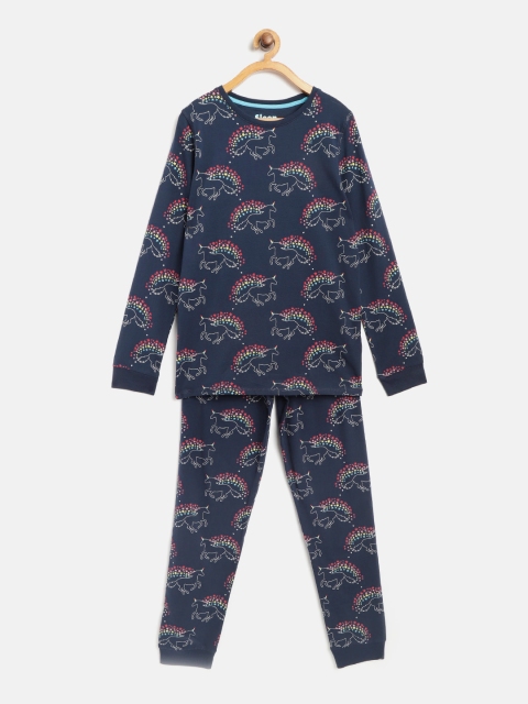 

Marks & Spencer Girls Navy Blue & Off-white Printed Night suit