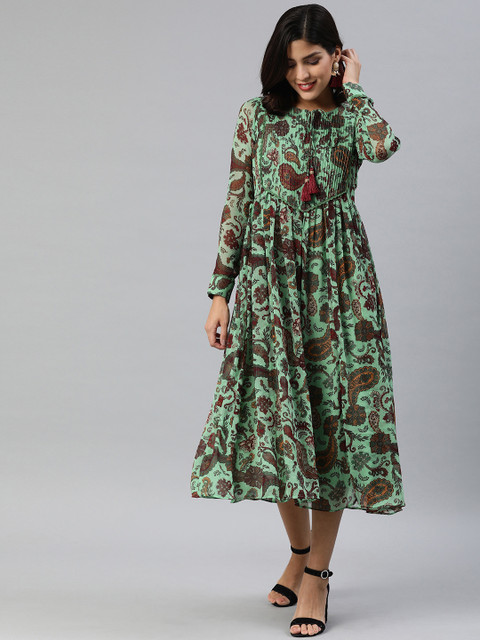 

Inddus Women Sea Green Chiffon Printed A-line Midi Dress
