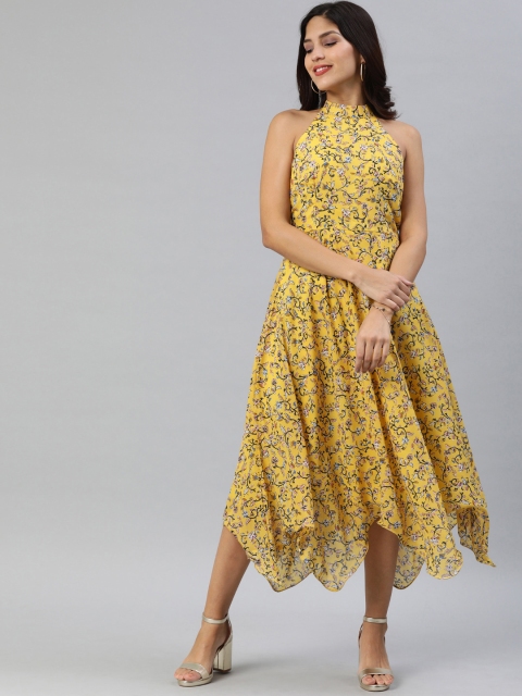 

Inddus Women Yellow Cotton Mul Printed Fit & Flared Midi Dress