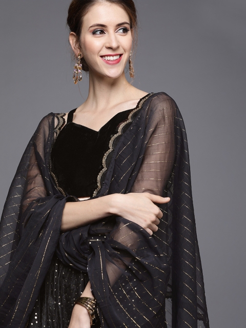 

Inddus Black & Gold-Toned Mukaish Work Semi-Stitched Lehenga & Unstitched Blouse