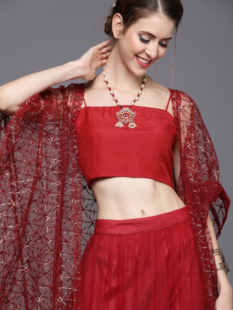 

Inddus Red Solid Muslin Silk Semi-stitched Lehenga with Unstitched Choli & Jacket