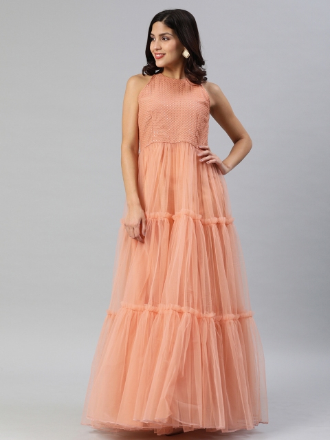 

Inddus Women Peach-Coloured Tiered Embellished Maxi Dress