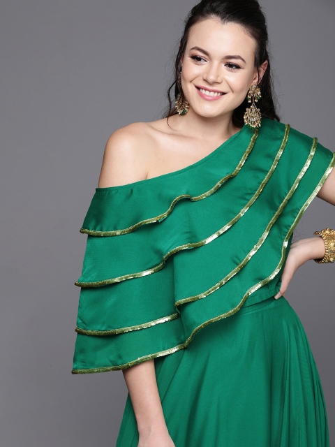 

Inddus Women Green Solid Top with Skirt with Ruffles