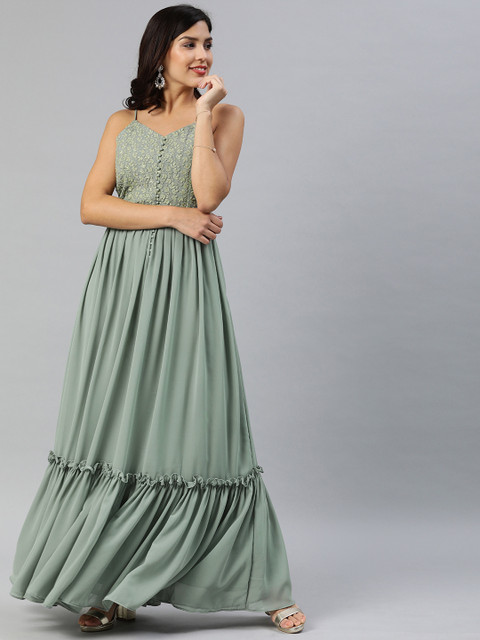 

Inddus Women Grey Embellished Maxi Dress