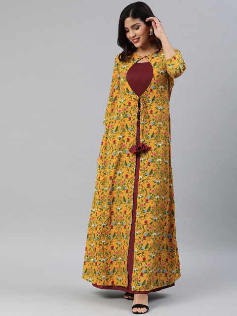 

Inddus Women Mustard Yellow & Maroon Printed Muslin Layered A-Line Dress With Crepe Jacket