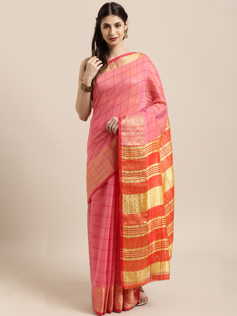 

KALINI Pink & Red Silk Blend Woven Design Maheshwari Saree