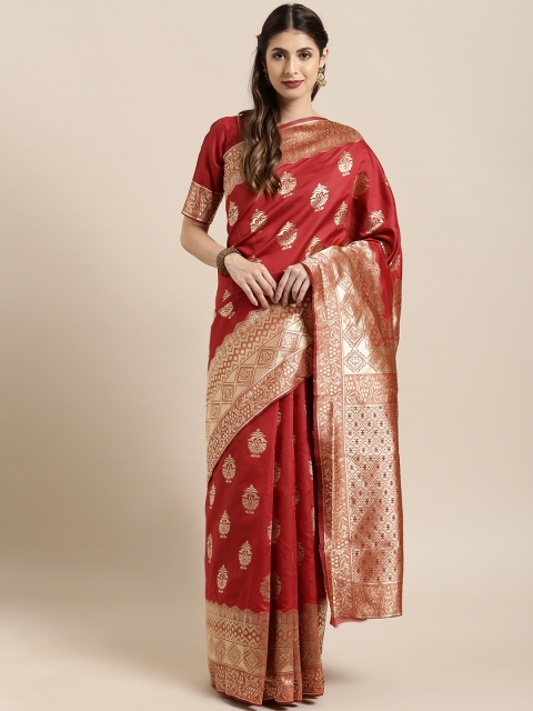 

Satrani Red & Gold-Toned Poly Silk Woven Design Banarasi Saree