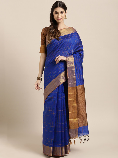 

KALINI Blue & Golden Silk Blend Checked Chanderi Saree
