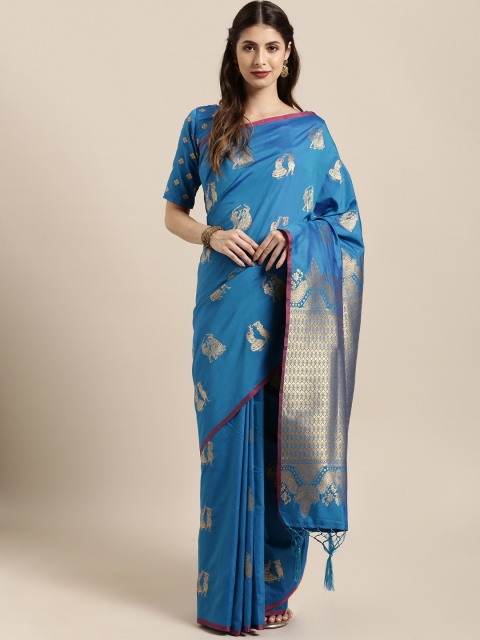 

Satrani Blue & Gold-Toned Poly Silk Woven Design Banarasi Saree