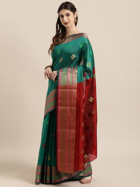 

Satrani Green & Gold-Toned Poly Silk Woven Design Saree
