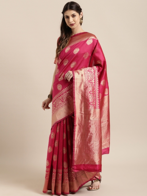 

Satrani Pink & Golden Poly Silk Woven Design Banarasi Saree
