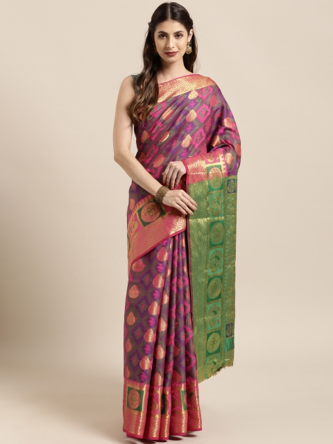 

Satrani Pink & Purple Poly Silk Woven Design Banarasi Saree