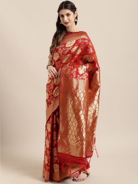 

Satrani Maroon & Gold-Toned Poly Silk Woven Design Kanjeevaram Saree