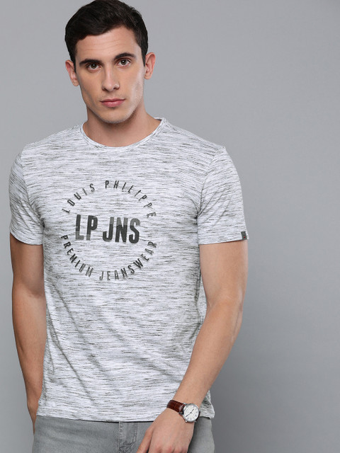 

Louis Philippe Jeans Men White & Black Embossed Print Round Neck T-shirt