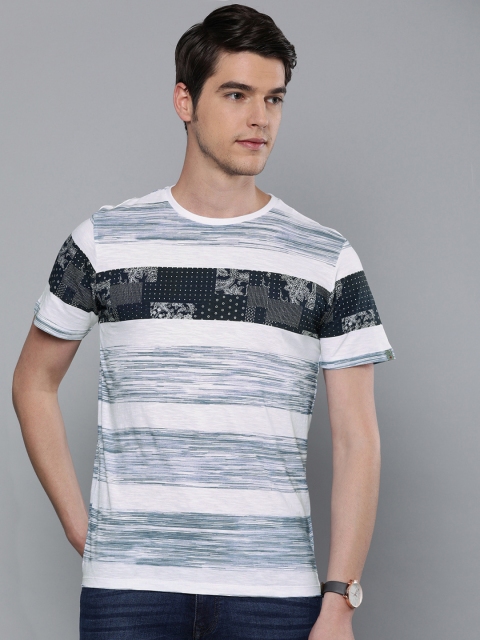

Louis Philippe Jeans Men White Navy Blue Striped Round Neck Pure Cotton T-shirt