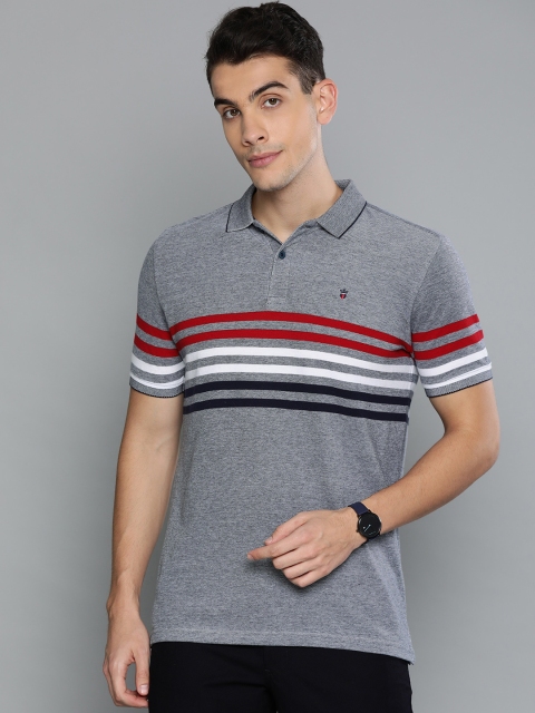 

Louis Philippe Sport Men Grey & White Striped Polo Collar T-shirt