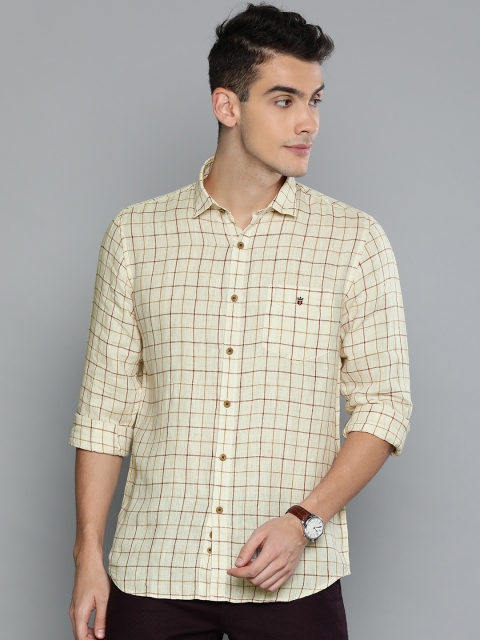 

Louis Philippe Sport Men Cream-Coloured & Red Super Slim Fit Checked Linen Casual Shirt