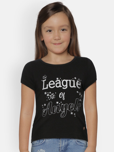 

612 league Girls Black & Silver Printed Round Neck T-shirt