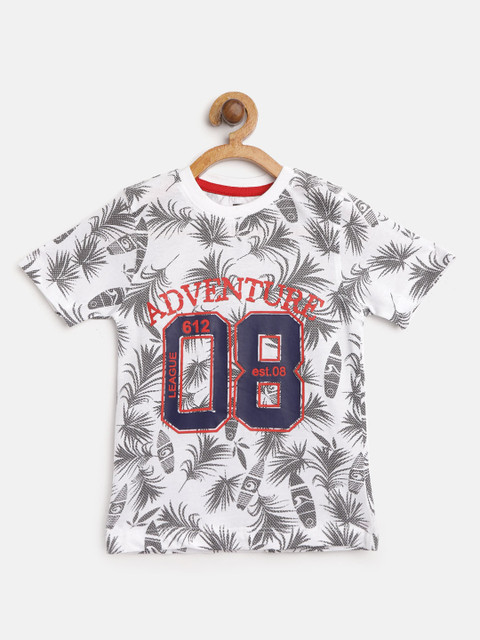 

612 league Boys White & Charcoal Grey Printed Round Neck T-shirt