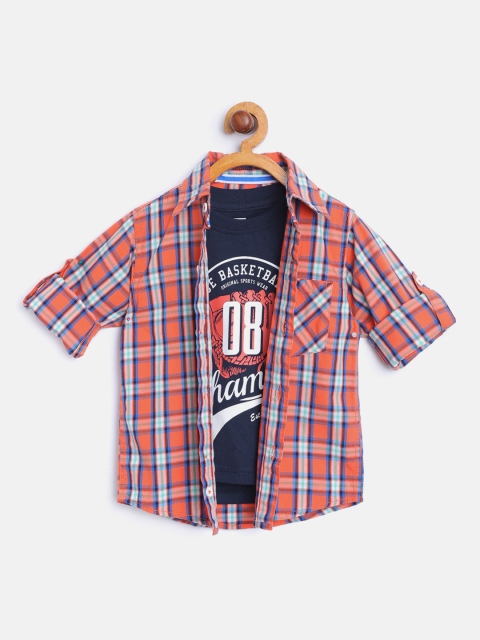 

612 league Boys Orange & Blue Regular Fit Checked Casual Shirt wit T-Shirt