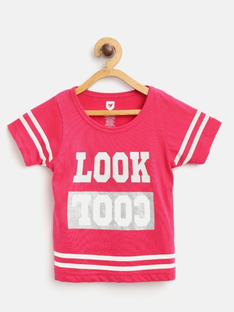 

612 league Girls Pink & White Printed Round Neck T-shirt