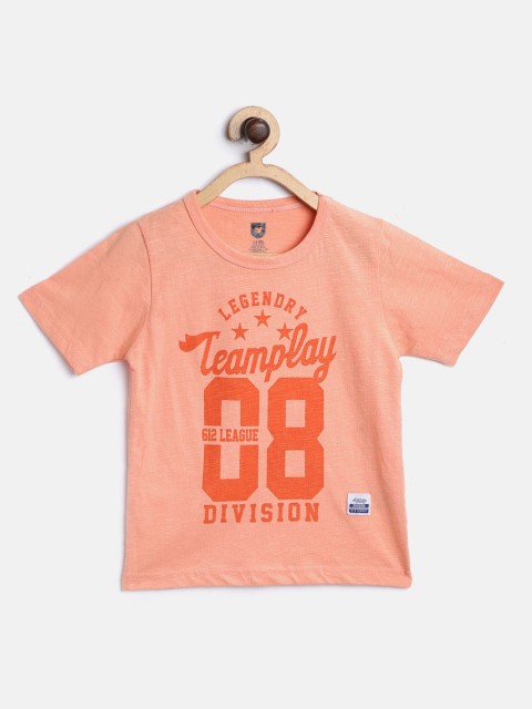 

612 league Boys Peach-Coloured & Orange Printed Round Neck T-shirt