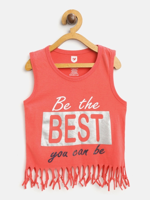 

612 league Girls Coral Pink Printed Fringed Crop Top