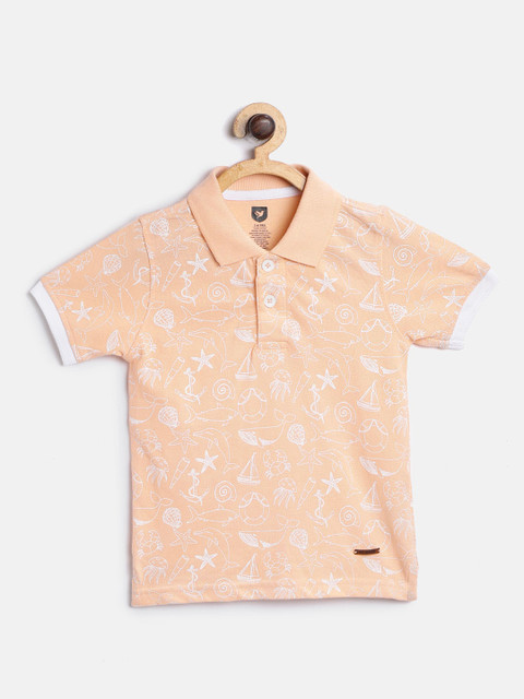 

612 league Boys Peach-Coloured & White Printed Polo Collar T-shirt
