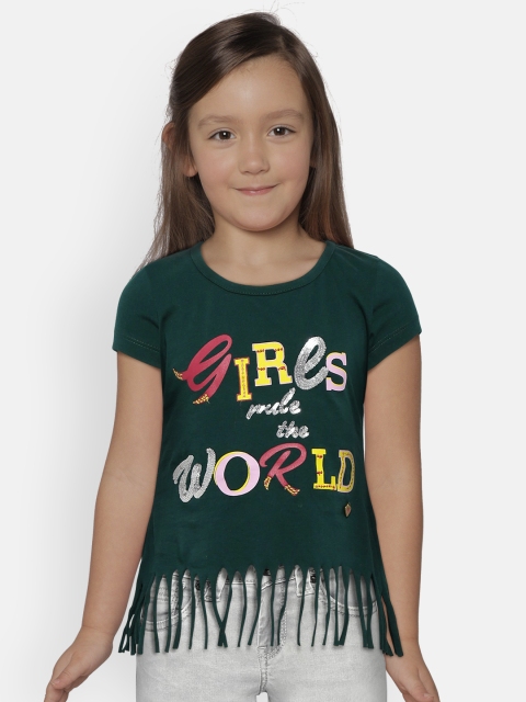 

612 league Girls Green Printed Fringed Top