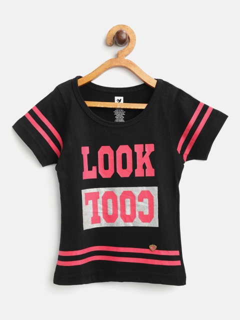 

612 league Girls Black & Pink Printed Round Neck T-shirt