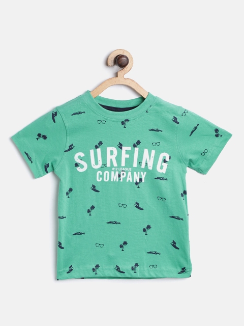 

612 league Boys Green & Navy Blue Printed Round Neck T-shirt
