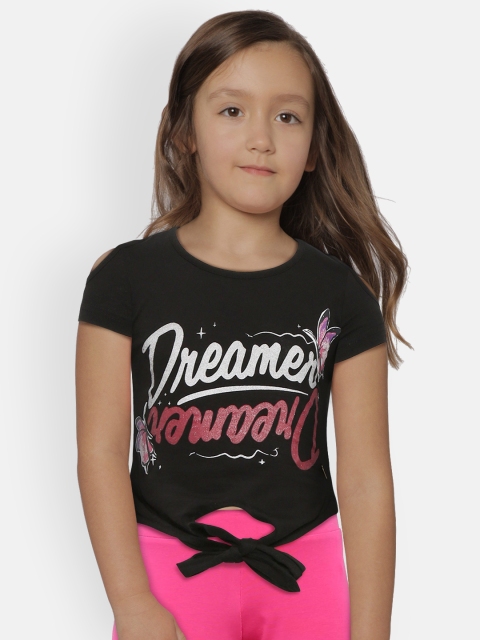 

612 league Girls Black & Pink Printed Cold Shoulder Pure Cotton Top
