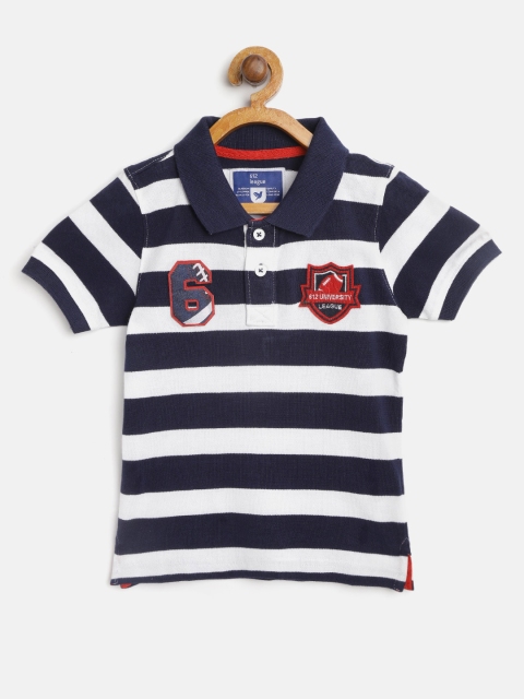 

612 league Boys Navy Blue & White Striped Polo Collar T-shirt