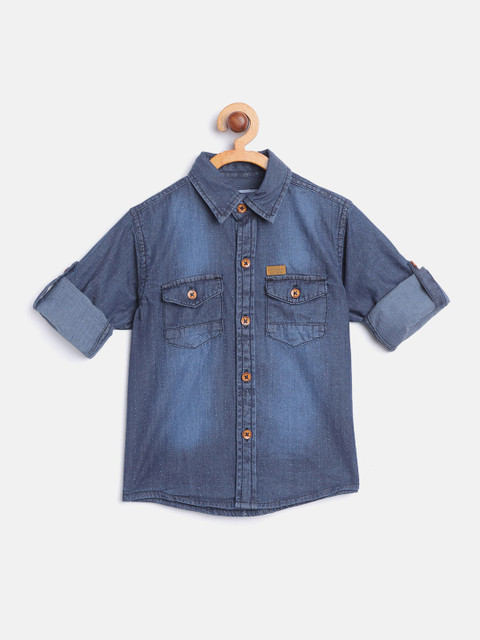 

612 league Boys Navy Blue Chambray Regular Fit Faded Casual Shirt