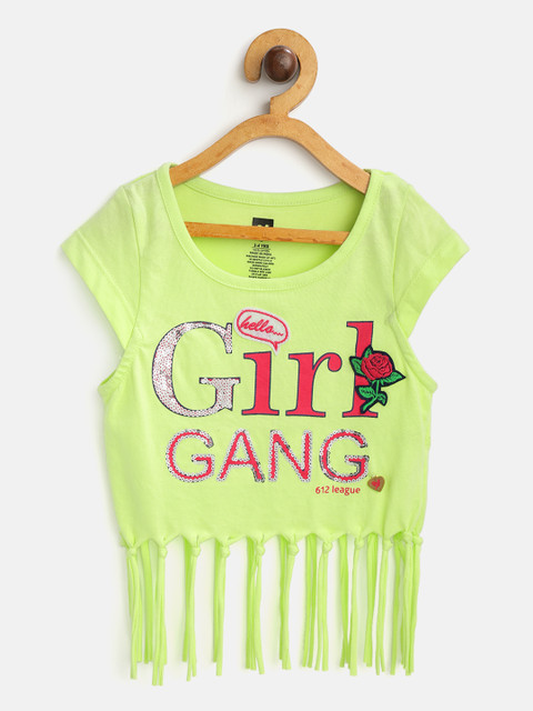 

612 league Girls Lime Green Printed Fringed Crop Top