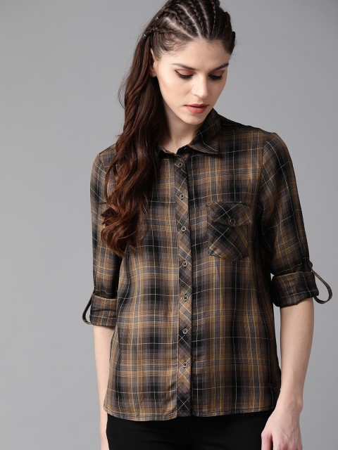 

Roadster Women Brown & Black Regular Fit Checked Casual Shirt
