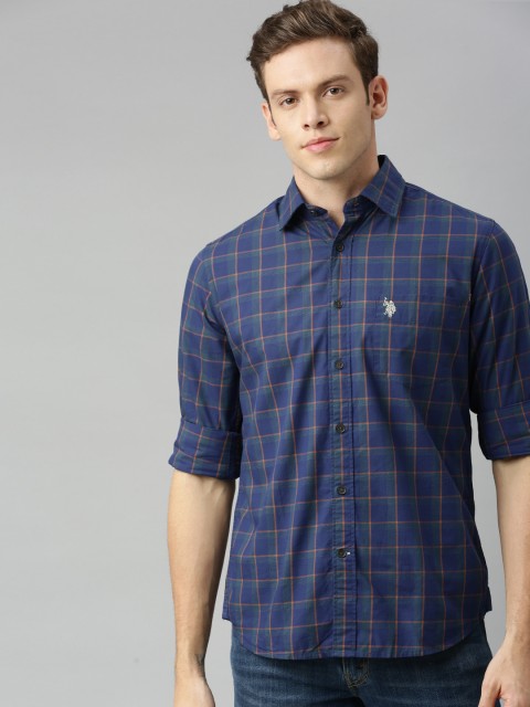 

U.S. Polo Assn. Men Navy Blue & Green Tailored Fit Checked Casual Shirt