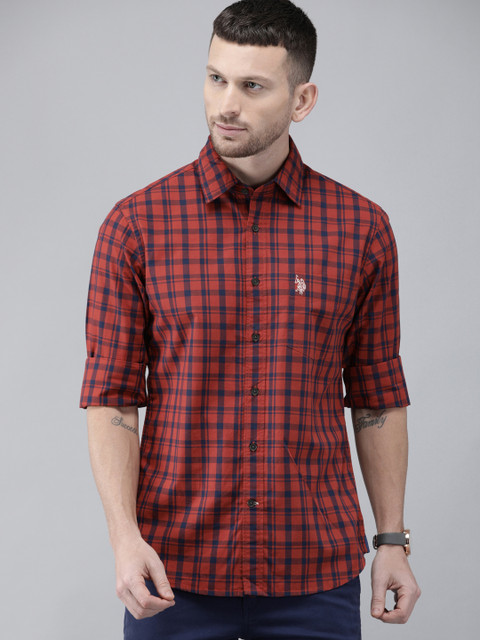 

U.S. Polo Assn. Men Red & Navy Blue Tailored Fit Checked Casual Shirt