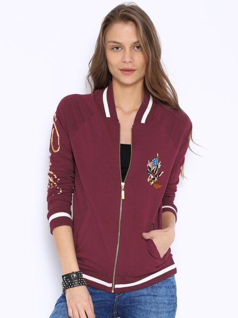 

Ed Hardy Women Maroon Solid Sporty Jacket