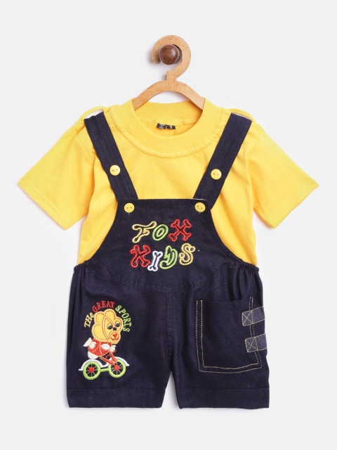 

KUCHIPOO Kids Yellow & Navy Blue Solid T-Shirt with Chambray Dungarees