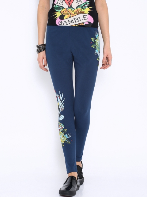 

Ed Hardy Navy Blue Printed Leggings With Embellishments