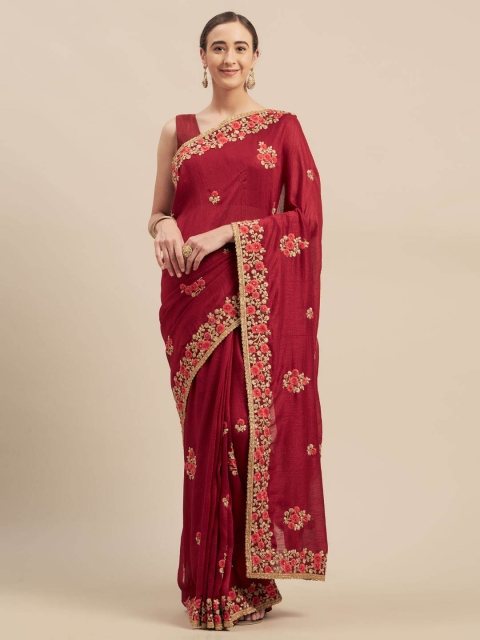 

Indian Women Maroon Embroidered Poly Silk Saree