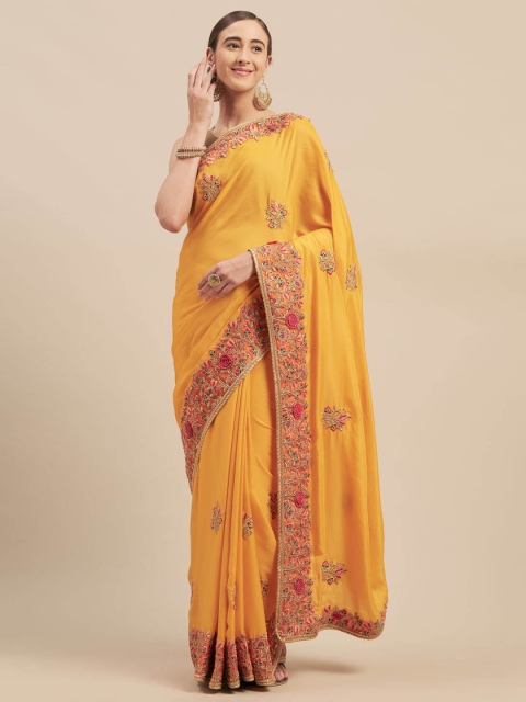

Indian Women Yellow Embroidered Poly Silk Saree